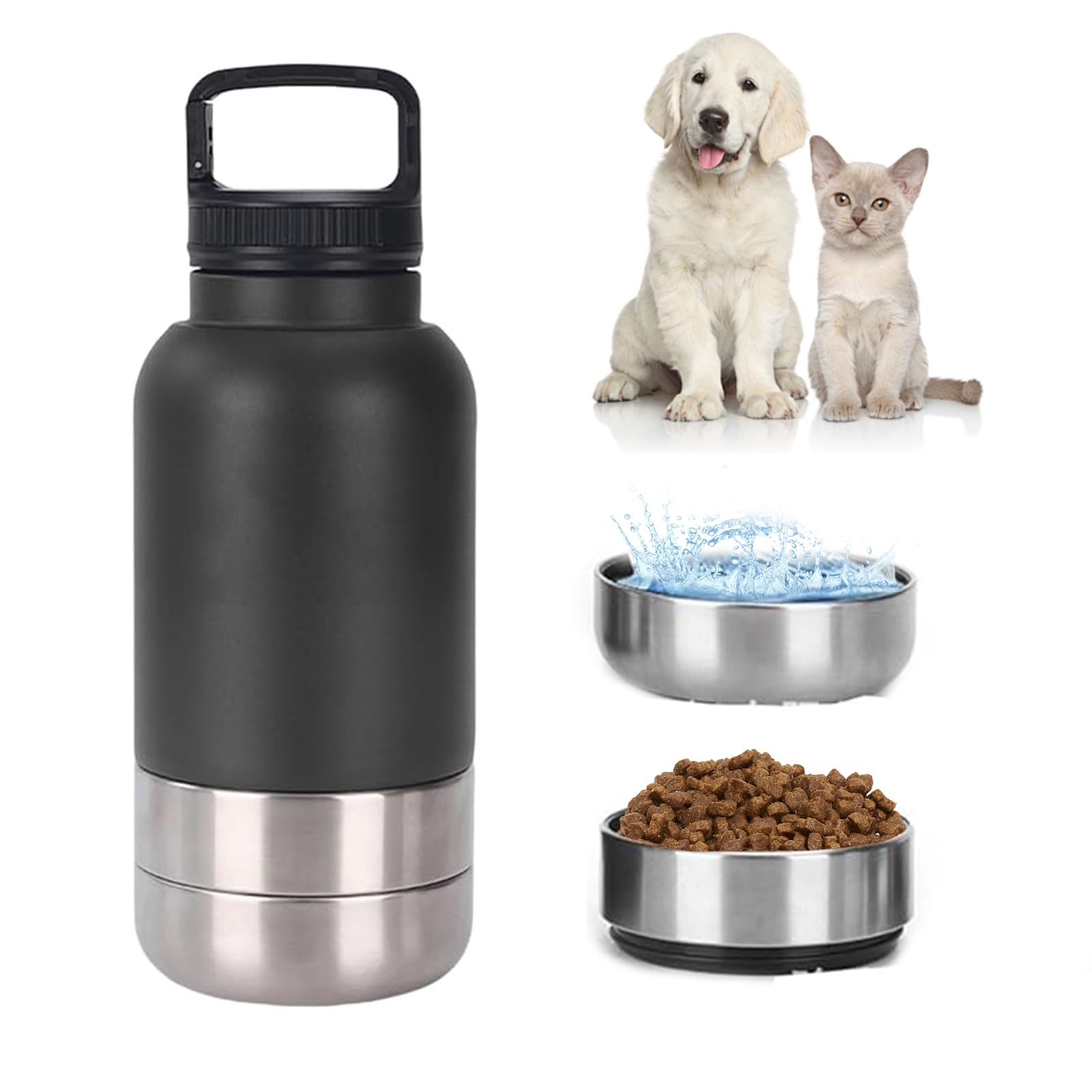 3-in-1 Dog Water Bottle 32oz, Stainless Steel Insulated Dog Travel Water Bottle with Detachable Food & Water Bowls, Leak-Proof Portable Pet Water Dispenser for Walking, Travel, Camping (Black)