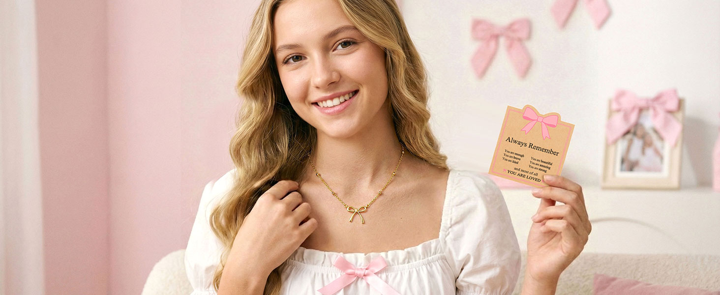 UNGENT THEM Always Remember You Are Loved - Cute Preppy Girly Trendy Stuff Gold Bow Necklace for Women Teen Girls