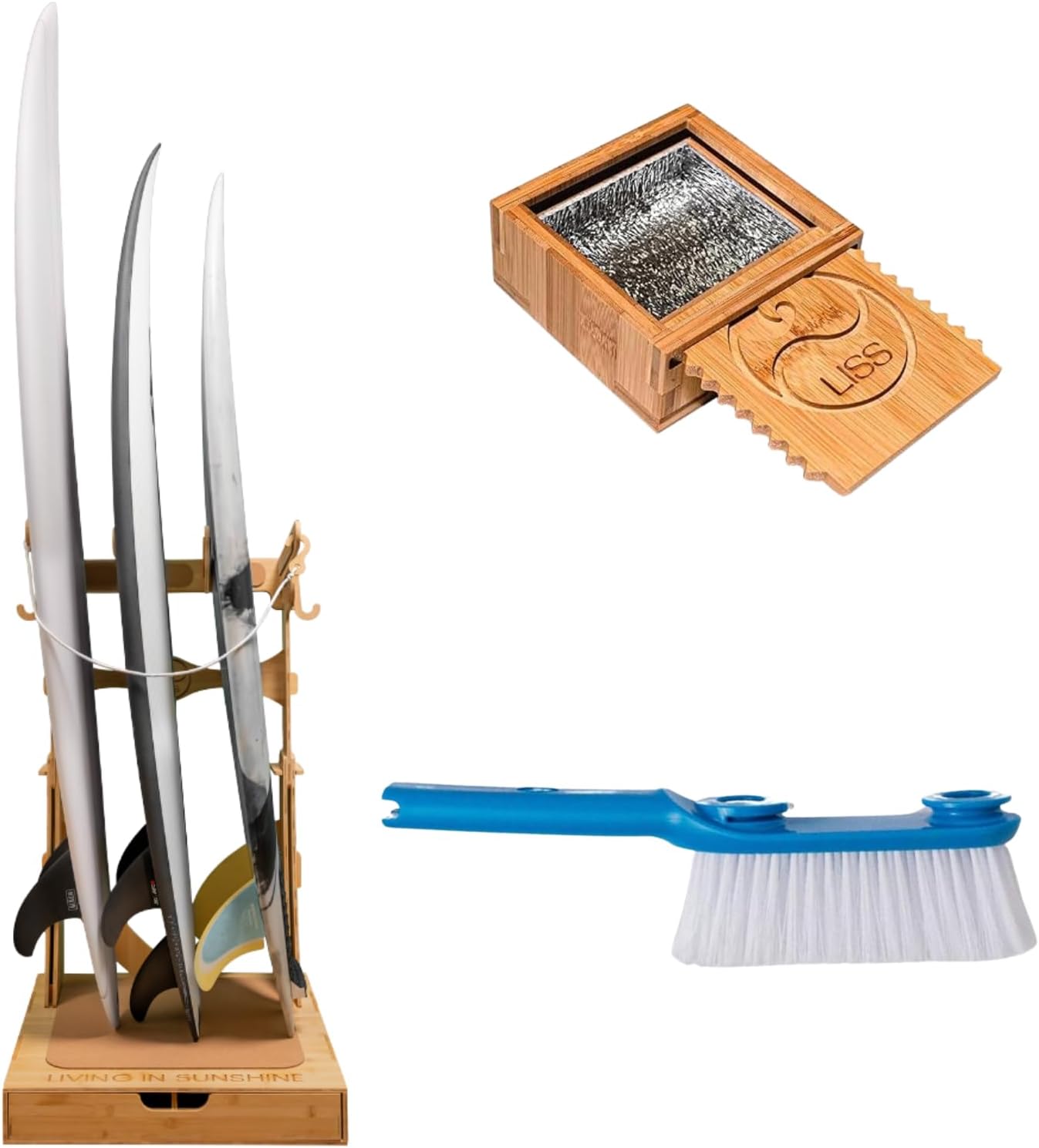 LISS Bundle with The Vertical Surfboard Spirit Rack 3-Board, Wax Box and Clean Fin (Surfboard Fin Removal and Installation Tool, Sand Brush Remover)