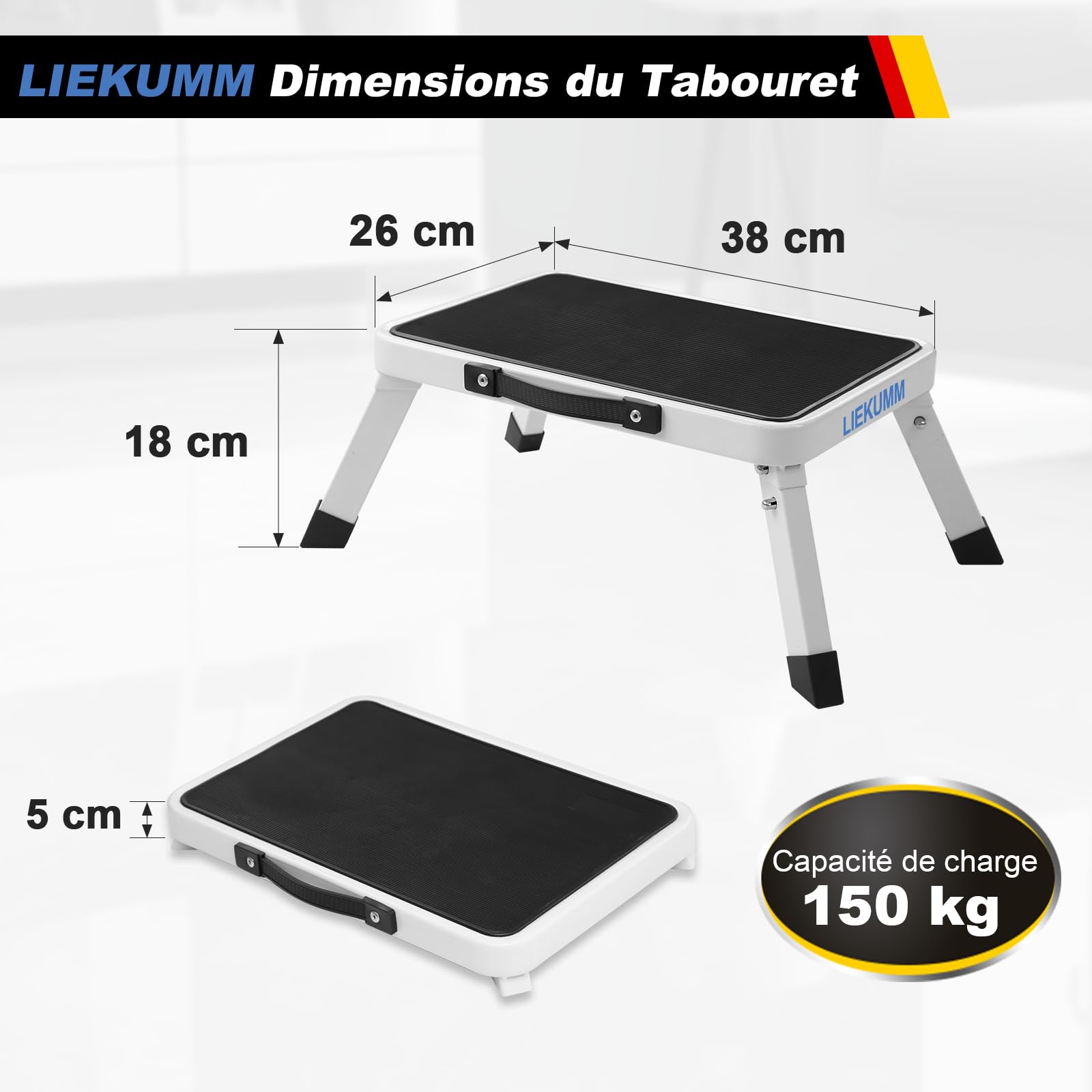 LIEKUMM Tabouret portable, échelle pliante à une étape, plate-forme de travail en marches, plate-forme de travail pour camping-car, garage, cuisine, bureau, blanc, capacité 150 kg