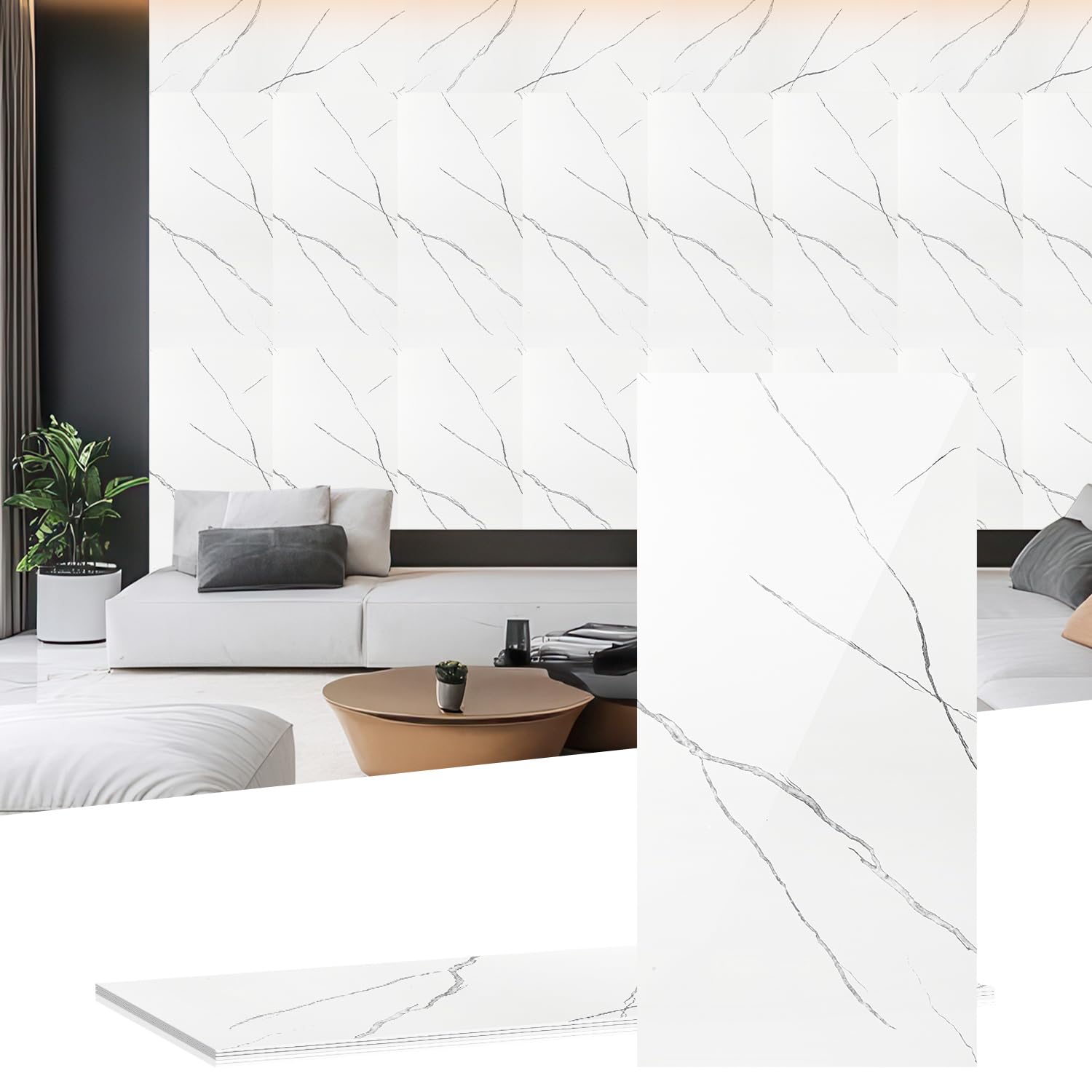 Lot de 4 panneaux muraux 3D aspect marbre blanc 60 x 120 cm