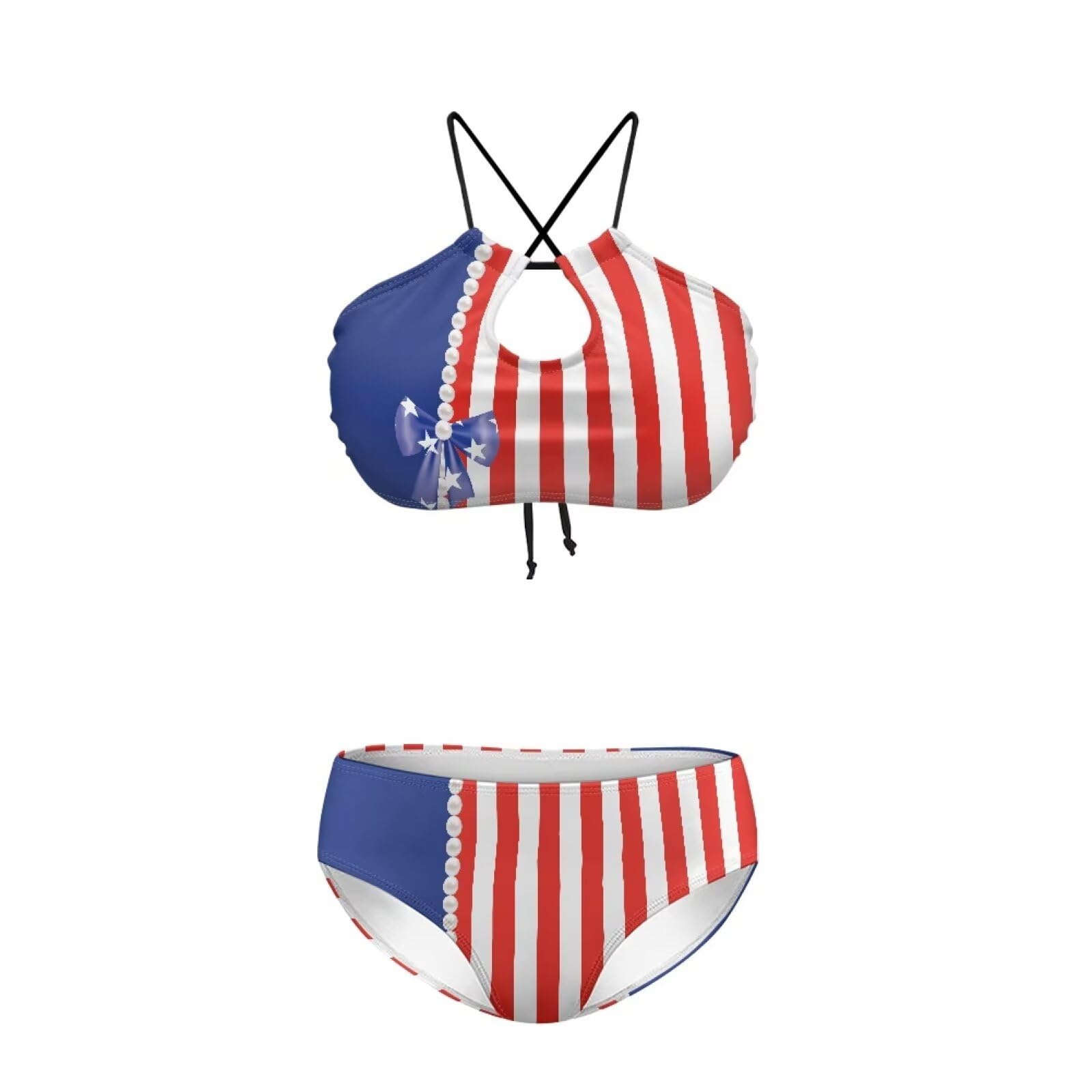 Women's Sexy String Bikini Sets 2 Piece American Flag Bow Print Spaghetti Strap Top High Waisted Halter Bikini Triangle Bikini Swimsuit Oversized Bathing Suit for Women