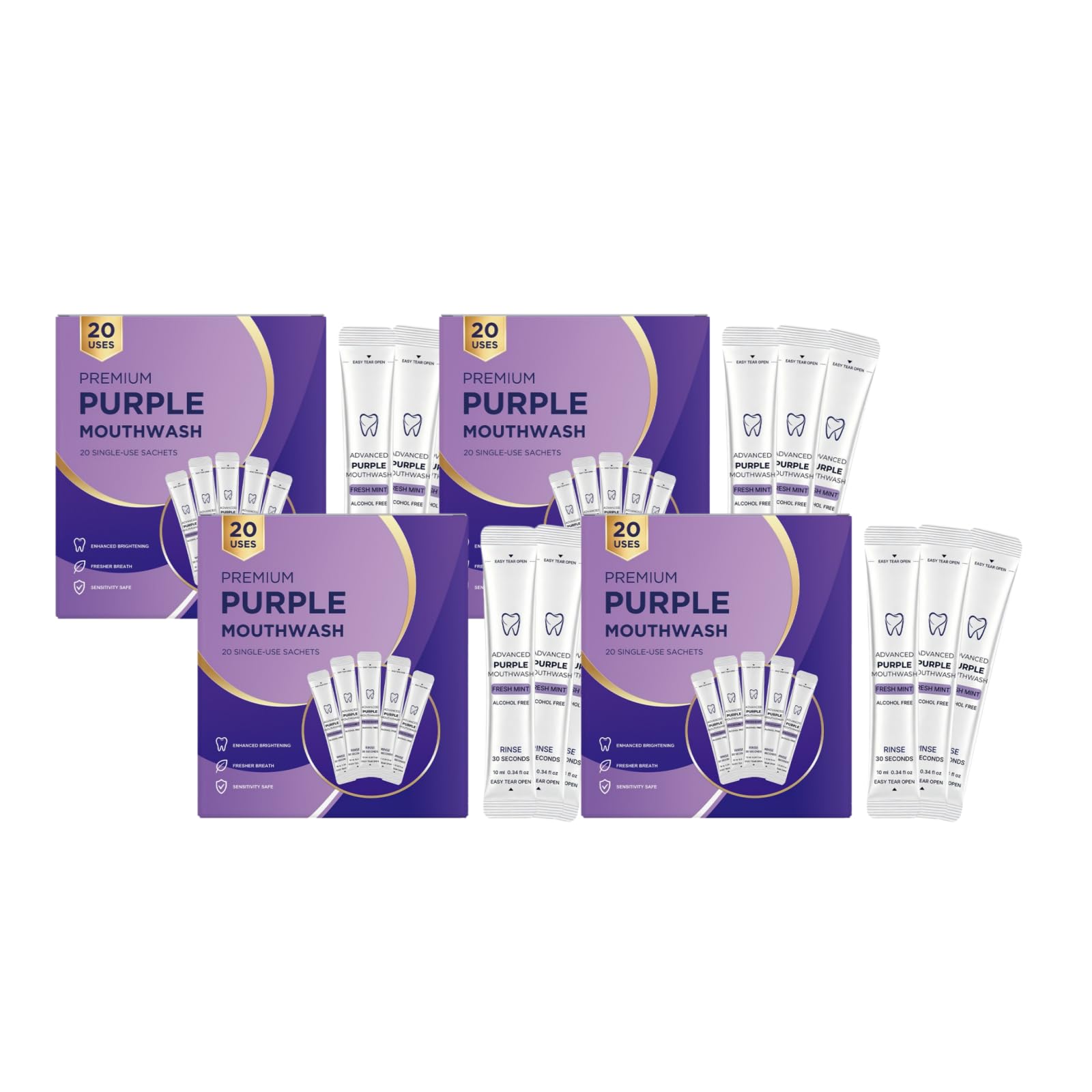 Purple Whitening Mouthwash Strips, Portable Travel Oral Care Pack of 20 | Alcohol Free Fresh Mint Travel Single Use Rinse, Single Use Purple Whitening Mouthwash Bustine, 30 Second Clean