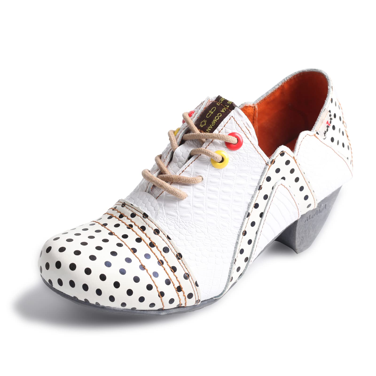 Women's Retro Polka Dot Leather Booties Low Heel Lace Up Women's Ankle Boots