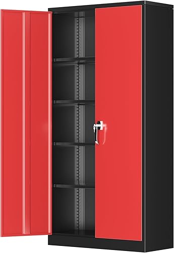 Vista 93 de Greenvelly Armario de almacenamiento de metal para garaje, gabinete de acero negro con bloqueo de 72 pulgadas con puertas y 4 estantes, armarios