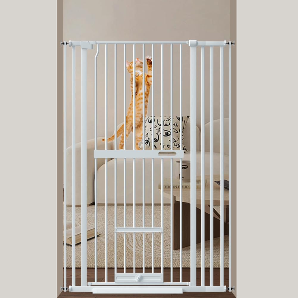 UVIPC 61.02" Extra Tall Cat Gate with pet Door Wide Pressure Mounted Tall Gate Metal Black Dog Pet Cat Tall Gates for Doorways pet Door
