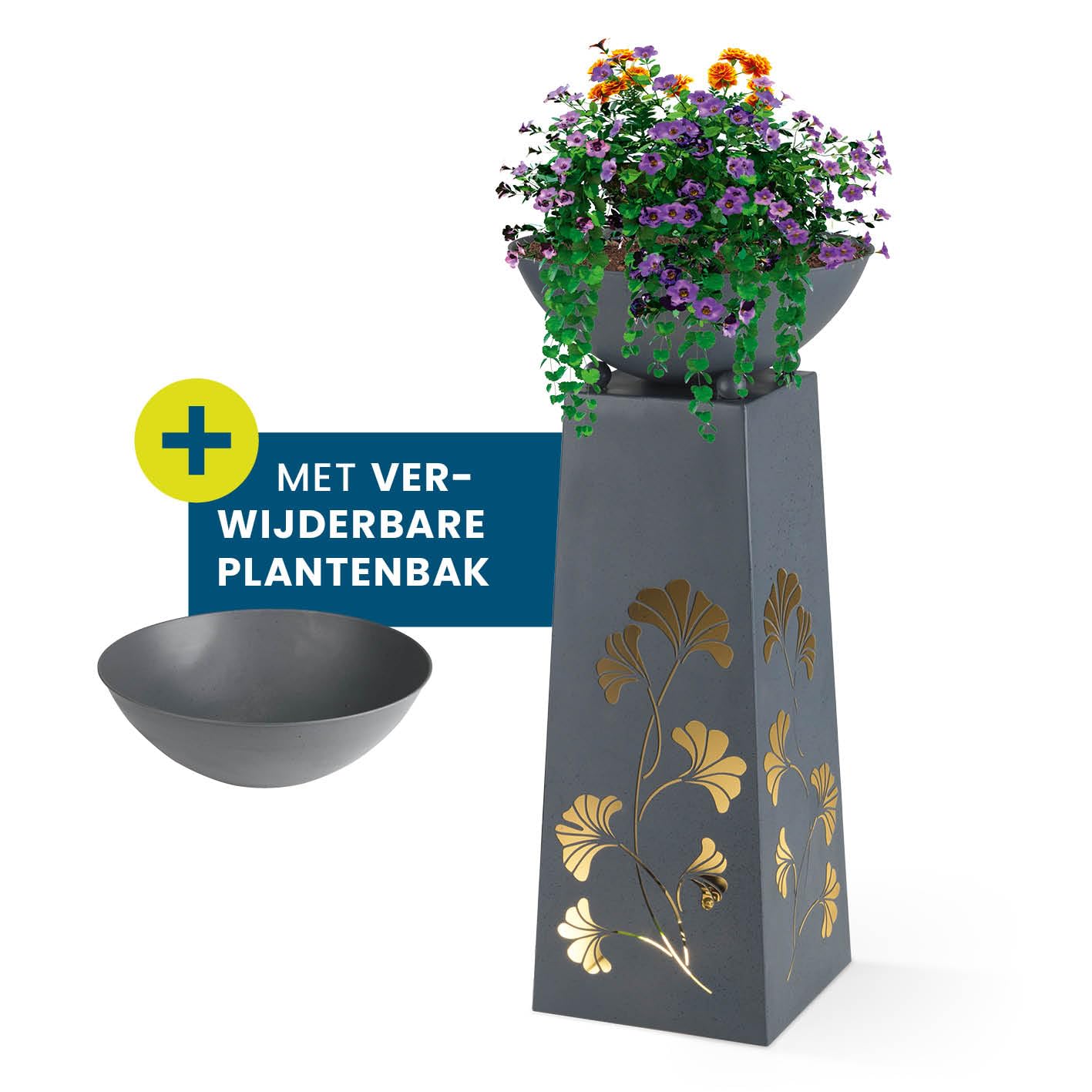 Hoberg LED Voetstuk Plantenbak Ginkgo Bladeren Ontwerp in Beton Optiek | Afneembare Plantenbak ( 34cm) Geschikt voor Binnen & Buiten | Geïntegreerde