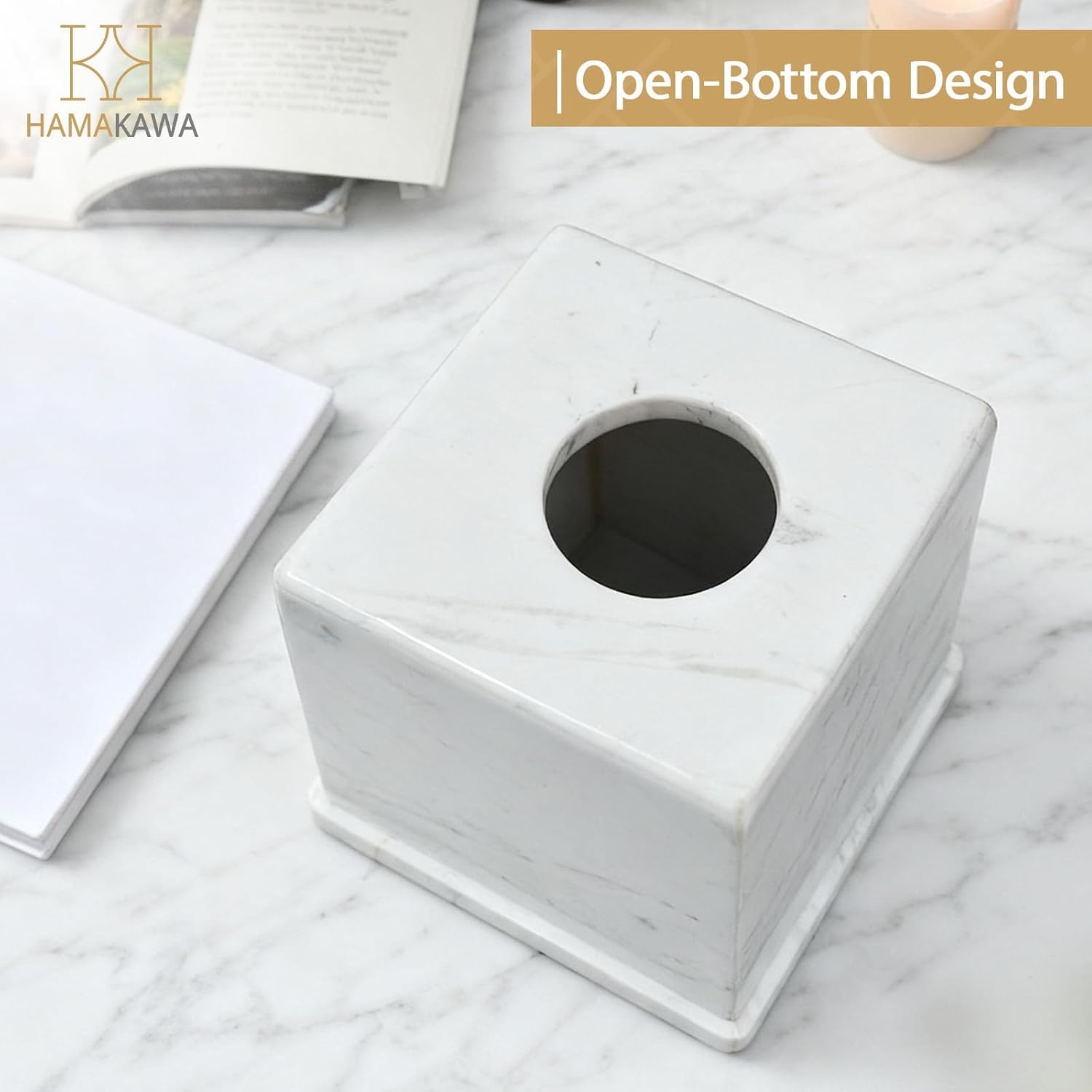 Natural Marble Tissue Box Cover, Volakas White Tissue Organizer 6 x 6 x 5.7 inch, Heavy Stone Decorative Box, Square Tissue Box Holder for Home Decor, Kitchen, Bathroom, Bedroom