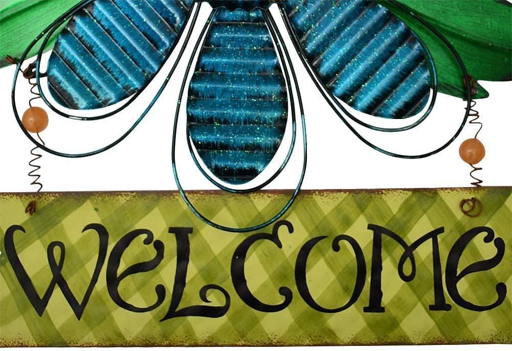 Large Rustic Metal Blue Flower Welcome Wall Art Decor Hanging Metal Flower Welcome Door Wreath Kitchen Living Room Bathroom Patio Garden Yard Wall Decoration