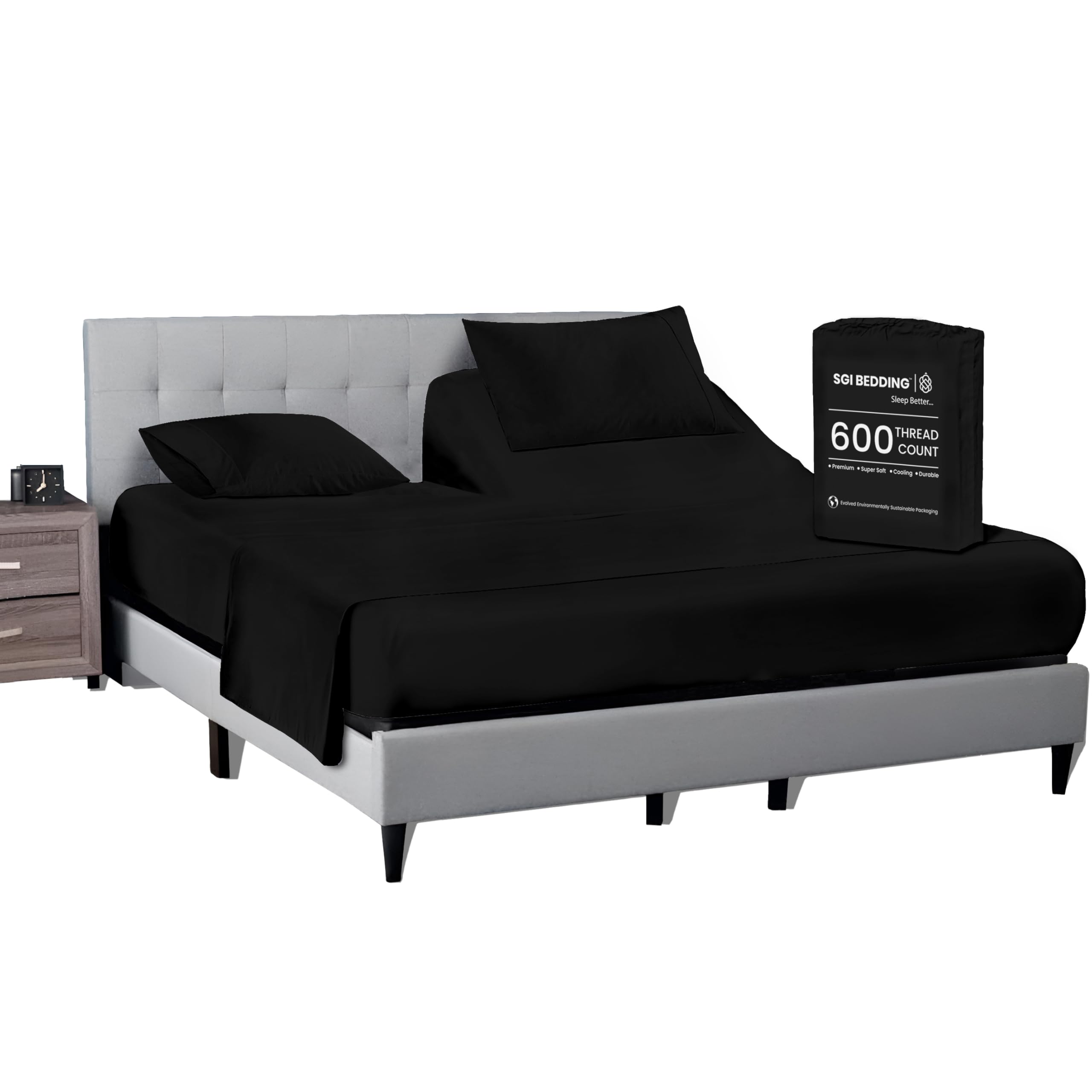 SGI bedding 28" Queen Split Top Flex Head Sheet 100% Egyptian Cotton Sheet Set - 600 Thread Count Flex Top Sheet Adjustable Bed - 4 Piece Sheet Set 15