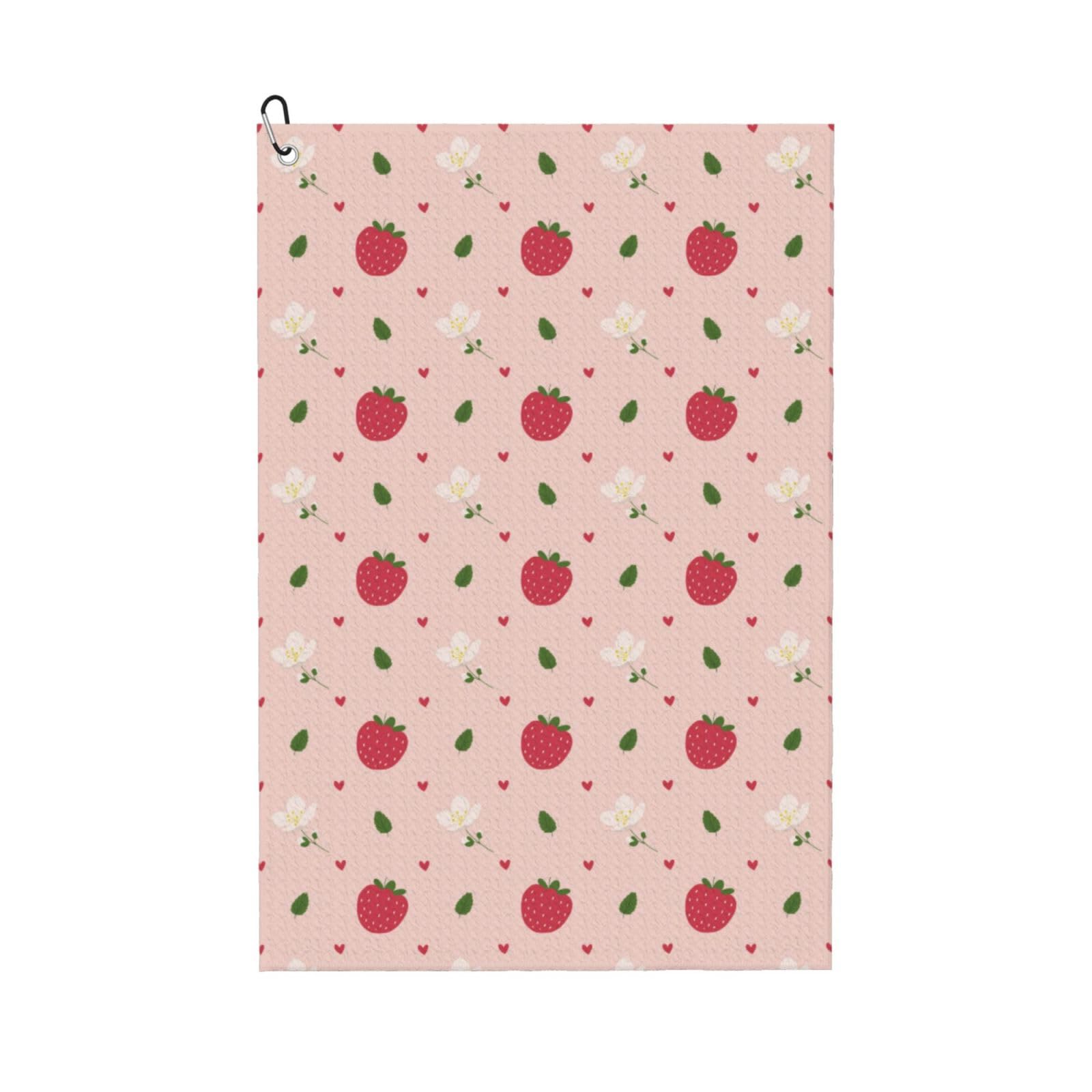 AOOEDM Strawberry Print Golf Towel with Carabiner Clip Absorbent Microfiber Golf Towel for Cleaning Golf Ball Club Putter Iron for Golf Bag Trolly Belt Loop 16" X 24"