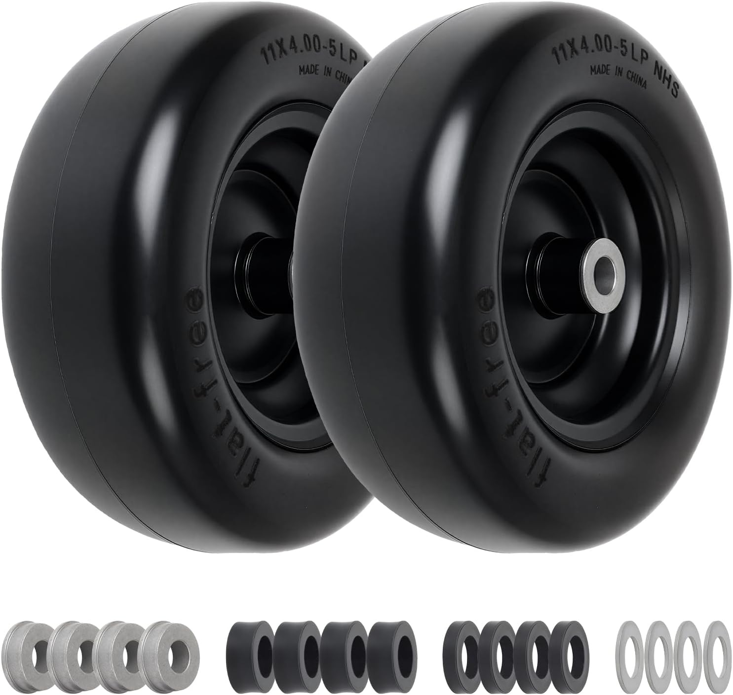 11x4.00-5 Flat Free Tires for Zero Turn Lawn Mower Replacement Tires Smooth Tread 3.4"-5" Centered Hub for 5/8'' & 3/4" Bushings - Maintenance-Free & Puncture Proof, 330LB Capacity, 2 Pack