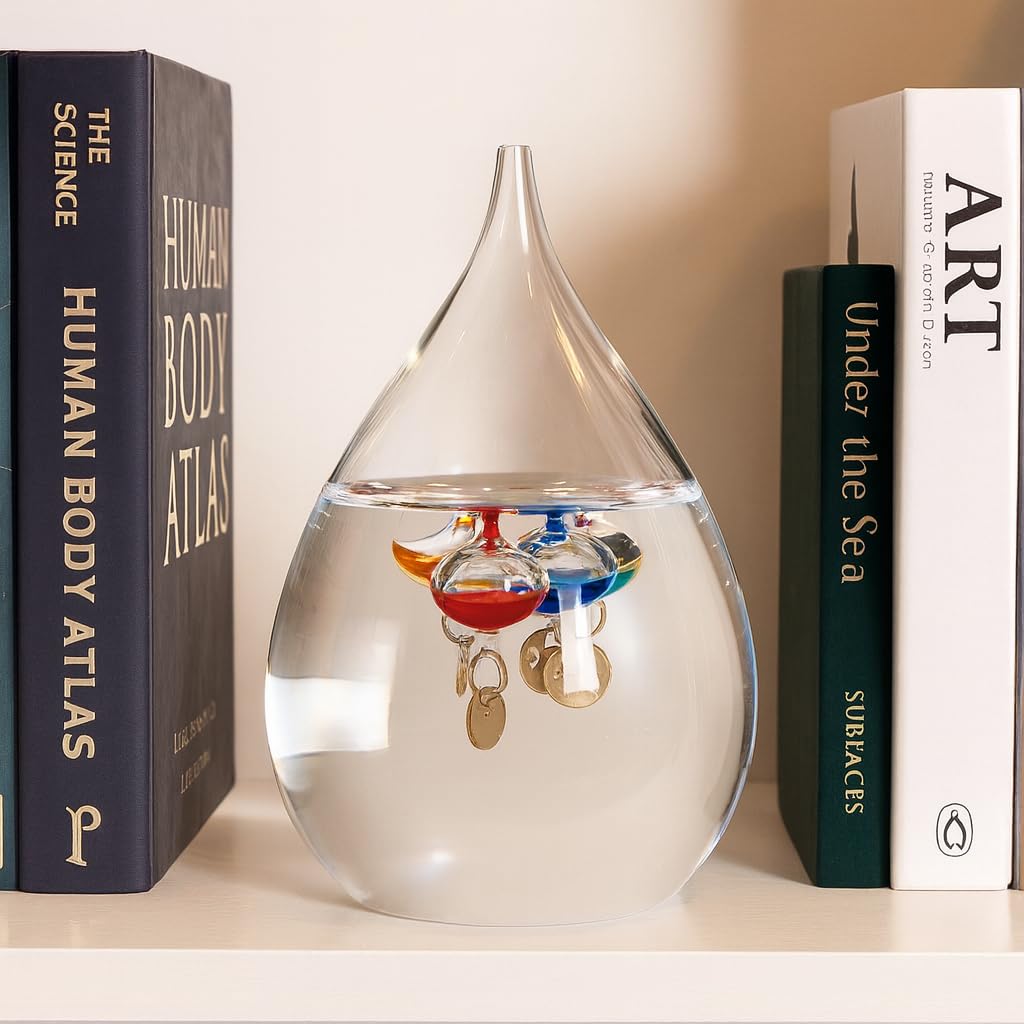 Galileo Thermometer Großer Glastropfen 16 cm, für drinnen oder draußen, analog, schwimmende farbige Kugeln