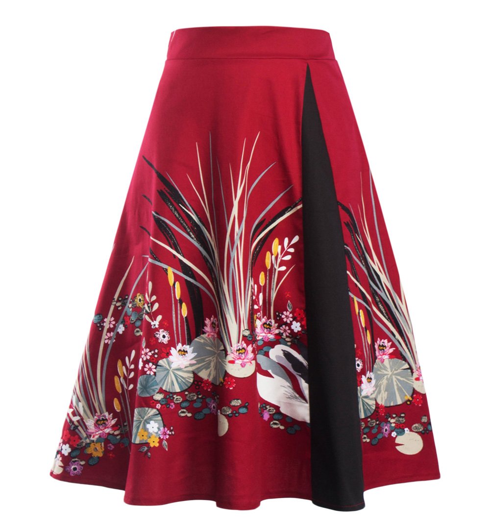 AKENA Women's Vintage Floral Print Pleated A Line Flare Skirt Knee Length Skater Midi Skirts