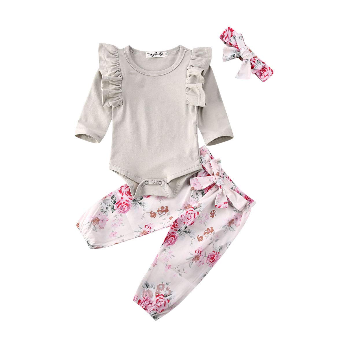 Toddler Baby Girls Long Sleeve Ruffle Romper Bodysuit Floral Long Pants Cotton Clothes Outfit Set