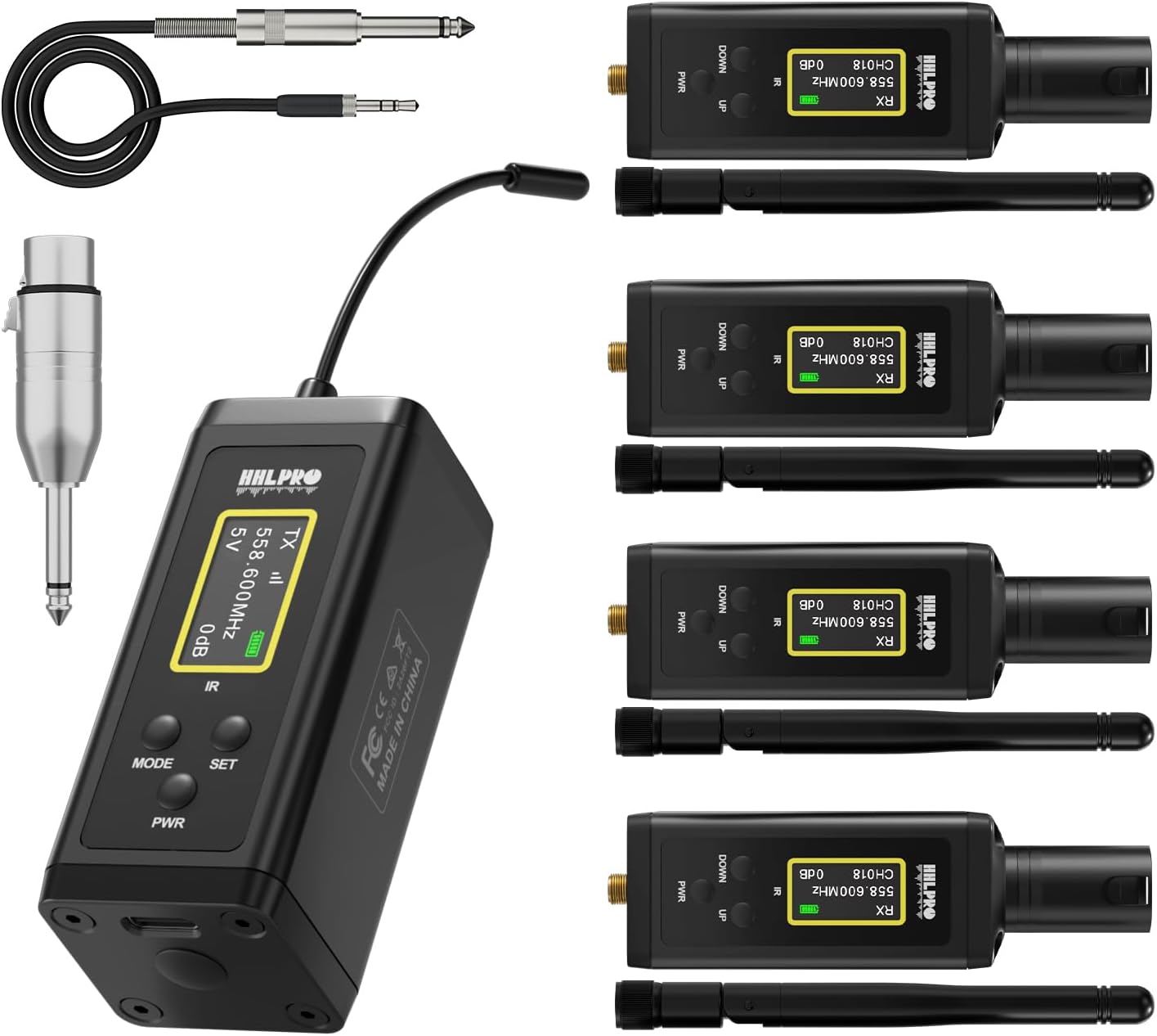 UHF Wireless Guitar System with Antenna, 1 Rechargeable Audio XLR Transmitter & 4 Receivers for Guitar Bass Electric Instruments, 260FT Range, 32 Channels,Dual Volume Control