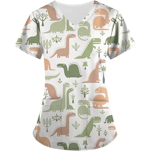 Women's Animal Printed Scrub Tops Plus Size V-Neck T Shirts Workwear Nurse Uniform Tee with Pockets