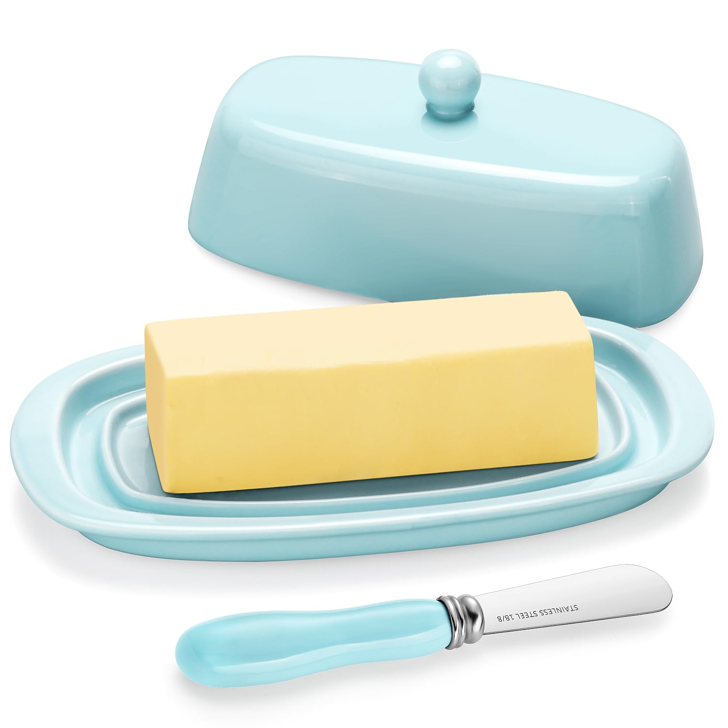 Yedio Ceramic Butter Dish with Lid for Countertop Refrigerator, 8 Inch Butter Holder with Porcelain Cover Knob Handle for East West Coast Butter Stick, Turquoise