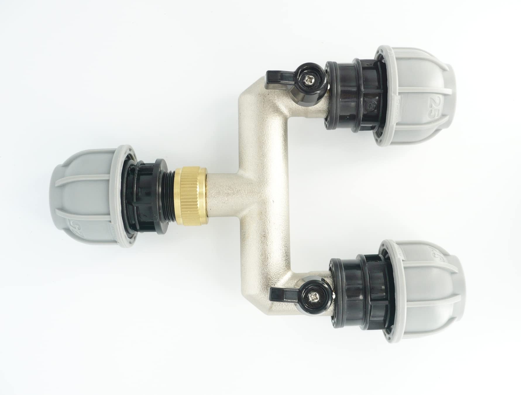 Heavy Duty Brass MDPE Pipe Joining Manifold with valves (25 mm MDPE. 2 Outlets)