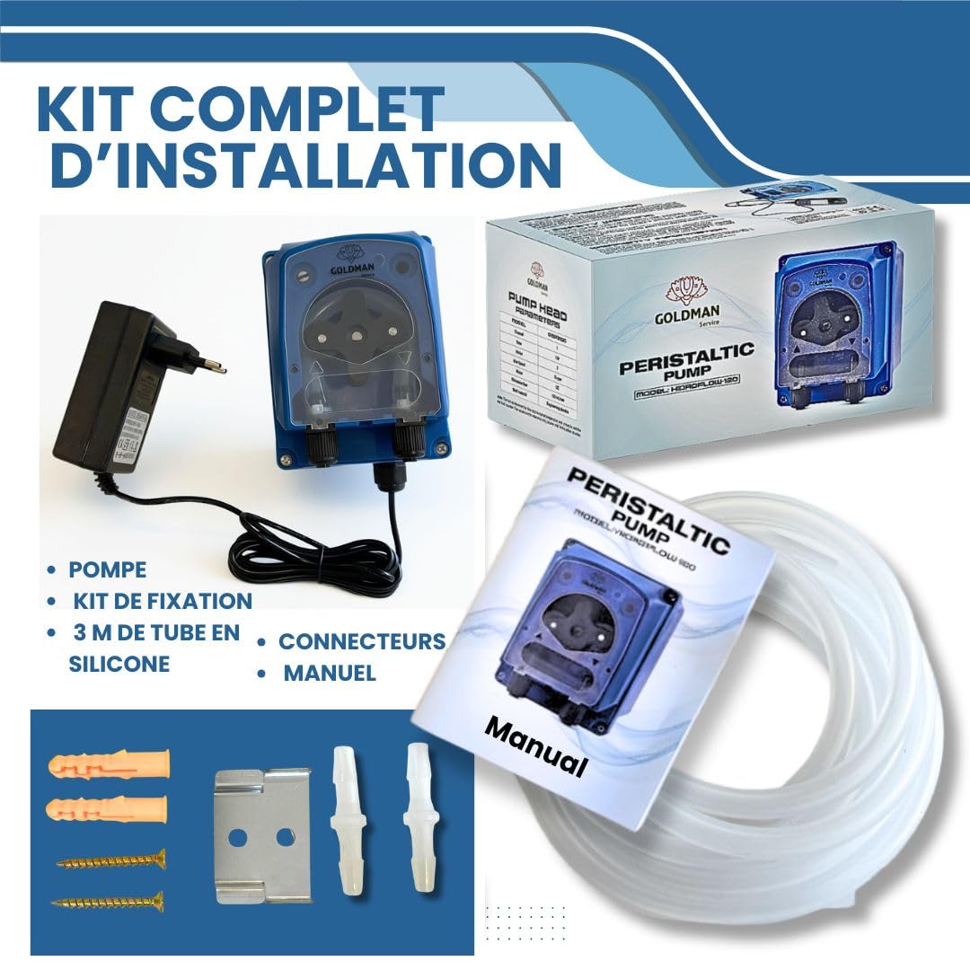 GOLDMAN SERVICE | Pompe péristaltique doseuse réglable 120 ml/min - Distributeur nettoyant et produit de rinçage pour lave-vaisselle industriel - IP65, 5 W, montage mural