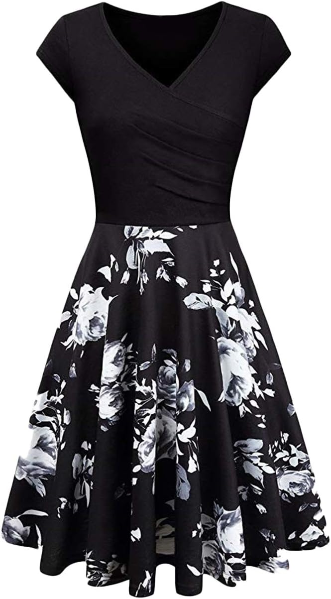 EFOFEI Women's Casual Short Sleeve V-Neck Plain Floral Wrap A-Line Midi Dress - Black - XX-Large