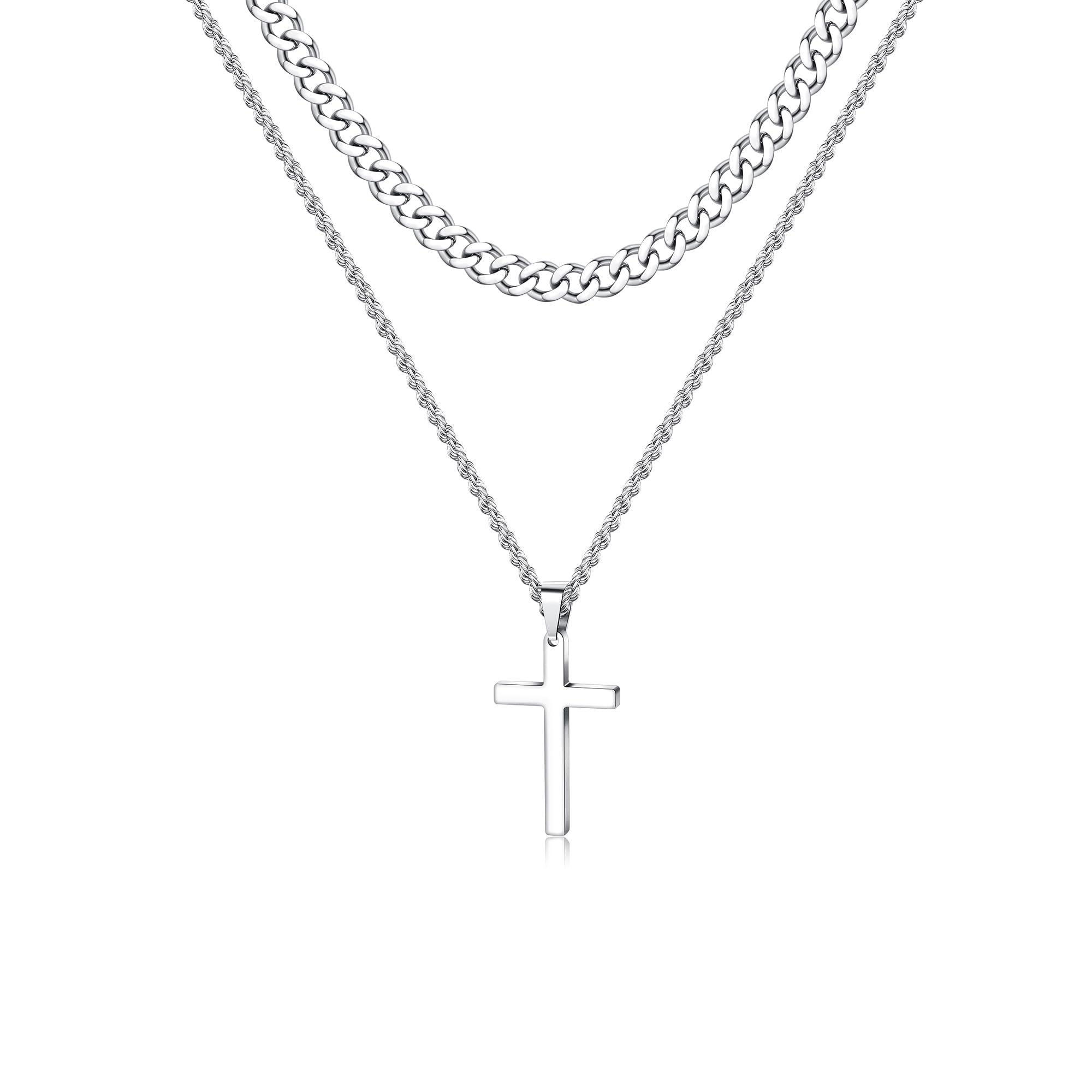 JeweBella Collar Cruz para Hombre Acero Inoxidable Collar Cruz Cristiana Layered Colgantes Cruz con Cadena Plata 40/45/50/55/60 cm