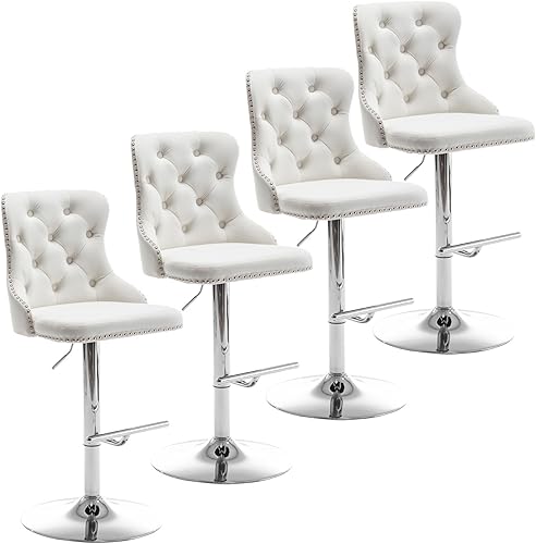 Miniatura 15 de Juego de 2 taburetes de bar de terciopelo, taburetes de bar giratorios de altura de mostrador con ribete de cabezas de clavos y botón, taburetes de