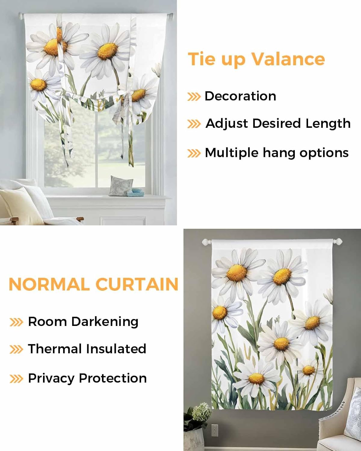 Tie Up Curtain for Windows Spring Art Balloon Window Shades for Bedroom Bathroom Adjustable Rod Pocket Daisy Pastoral Window Treatments Curtains Valance for Kitchen 52" W x 63" L