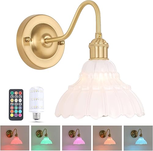 Miniatura 25 de Juego de 2 apliques de pared a pilas, luces de pared recargables vintage con pantalla de vidrio de lirio ámbar, lámpara de pared inalámbrica para