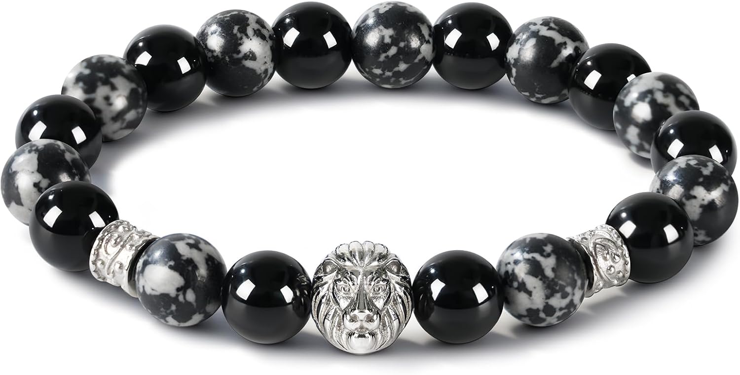 Men's Beaded Bracelet, 10MM Elastic Adjustable Natural Gemstone Bracelet with Stainless Steel Lion Head, Symbolizing Courage & Strength, Gift for Men, Anniversary, Thanksgiving, Christmas, Lapis Lazuli/Map Stone/Terahertz/Hematite/Tiger Eye/Black Onyx/Snowflake Obsidian