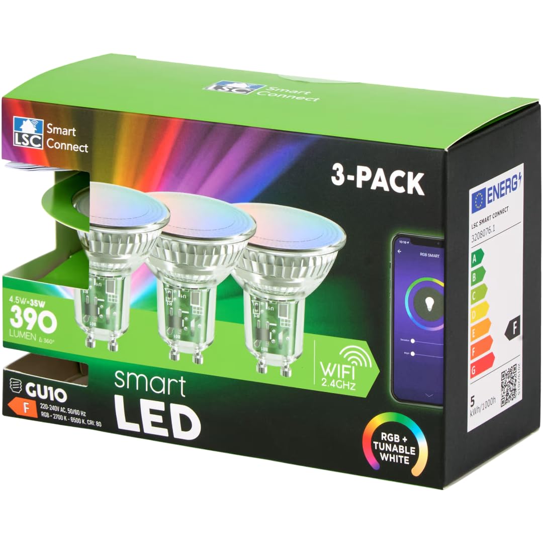 Générique LSC Smart Connect (Lot de 3) Ampoules LED Connectées GU10 WiFi - Dimmable, RGB & Blanc Variable (2700K-6500K) - 4.5W 390lm - Compatible Commande Vocale et Application LSC