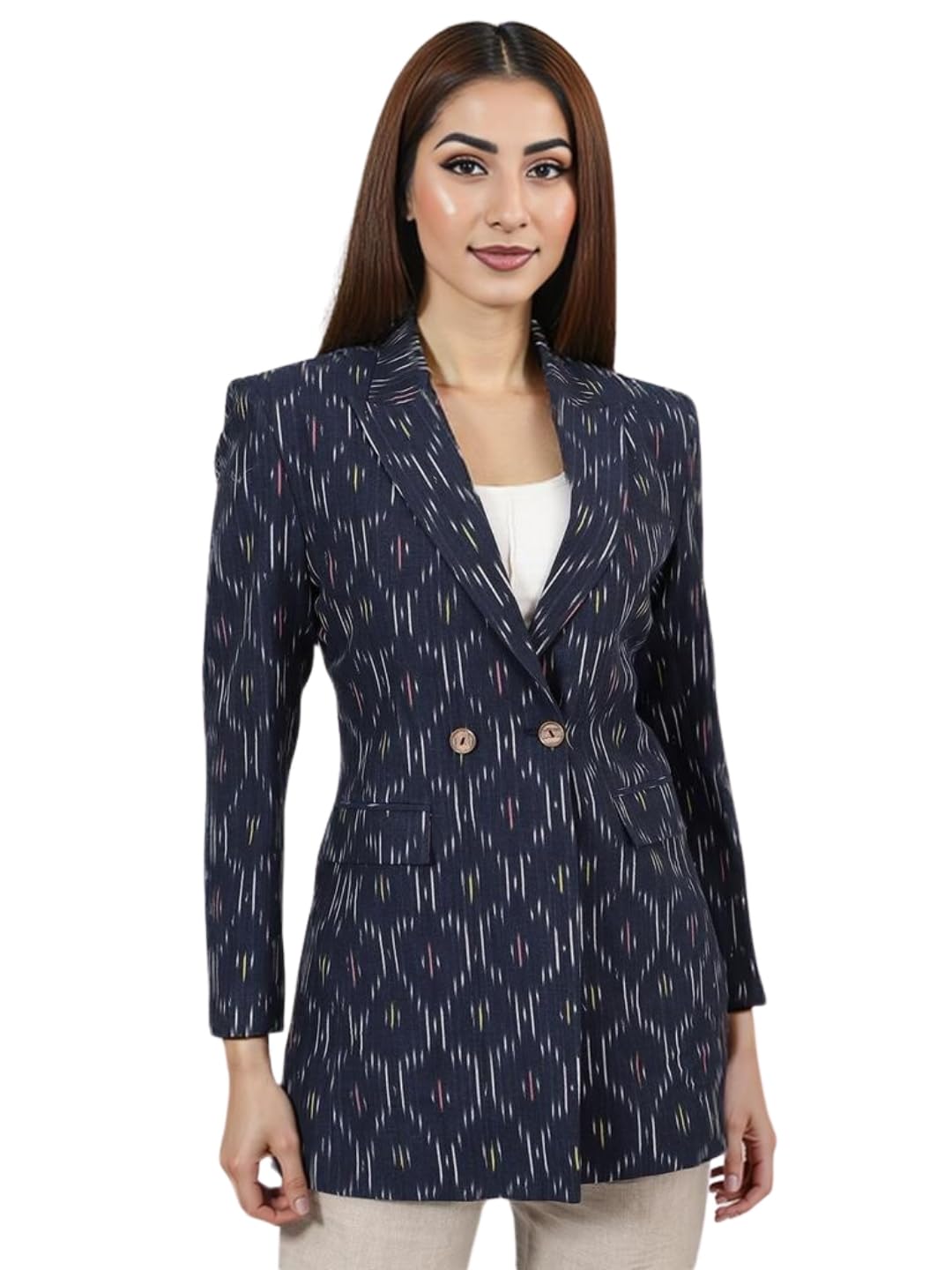 Womens Ikat Blue Cotton Blazer-image-6