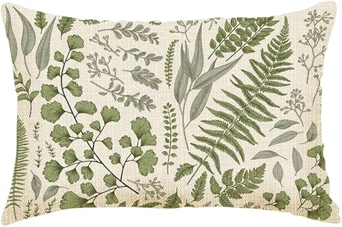 Fundas de almohada decorativas con hojas, helecho botánico, eucalipto, lino y algodón, fundas de almohada lumbares para sofá, cama, funda de cojín