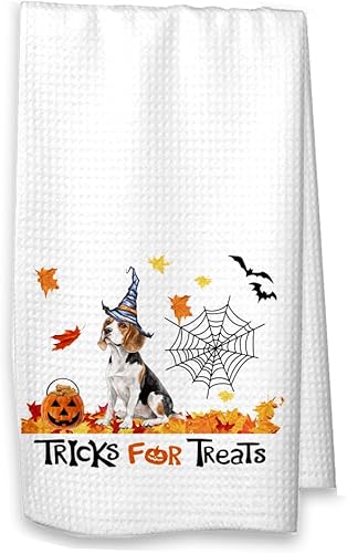 Miniatura 5 de Trucos para golosinas Beagle Dog Toalla de cocina de Halloween, decoración de otoño para mascotas (toalla blanca, Beagle con nombre)