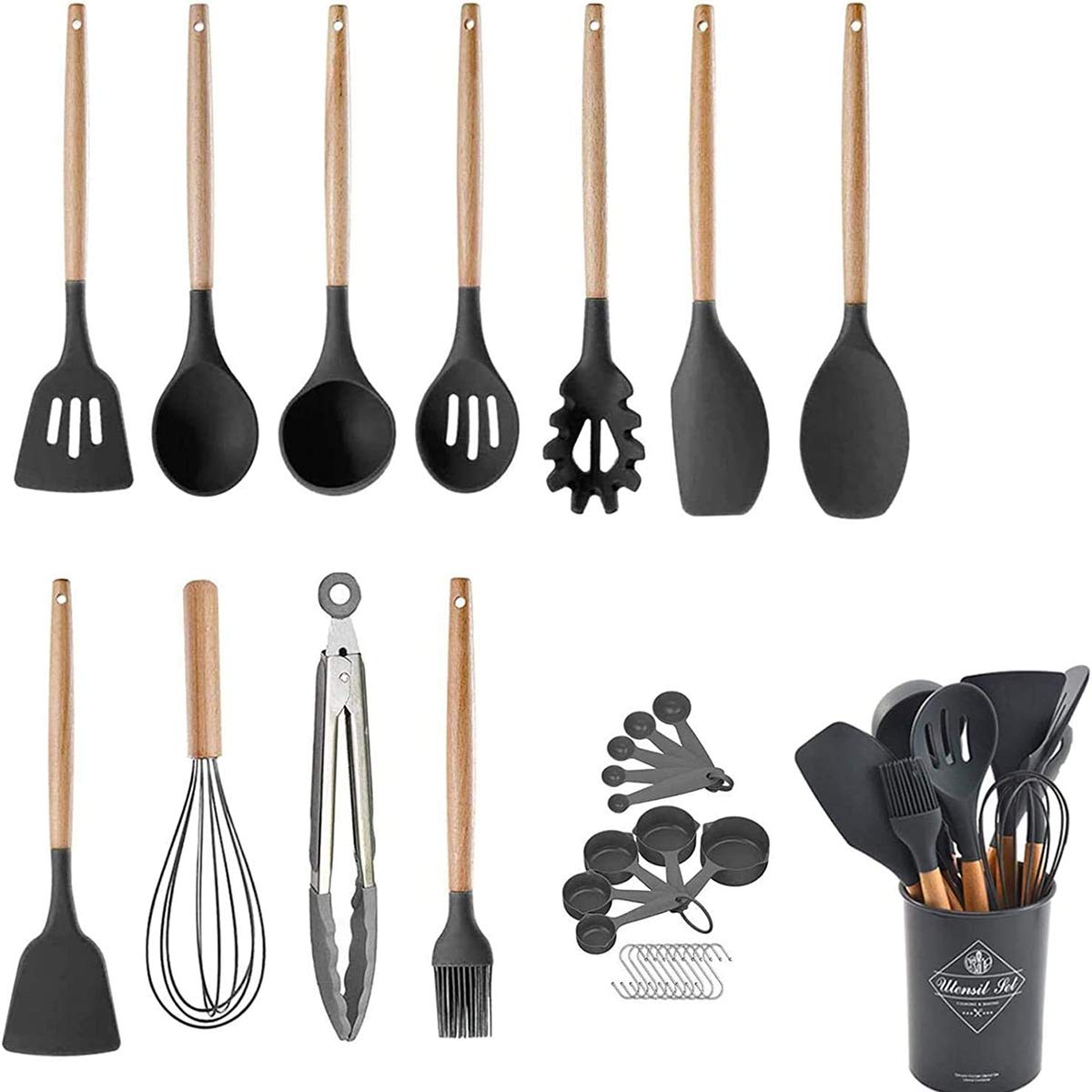 Heat Resistant Silicone Cooking Utensils Set (With Holder) Dishwasher Safe Bpa-Free Silicone Utensils With Wooden Handles ...
