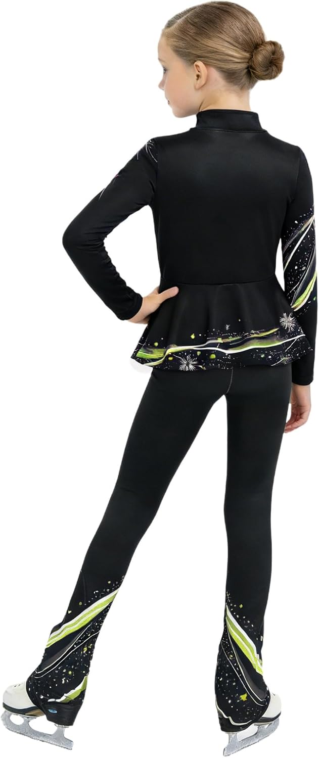 TTAO Kids Girls Figure Skating Training Suit Zip Up Long Sleeve Ice Skating Training Jacket Pants Set