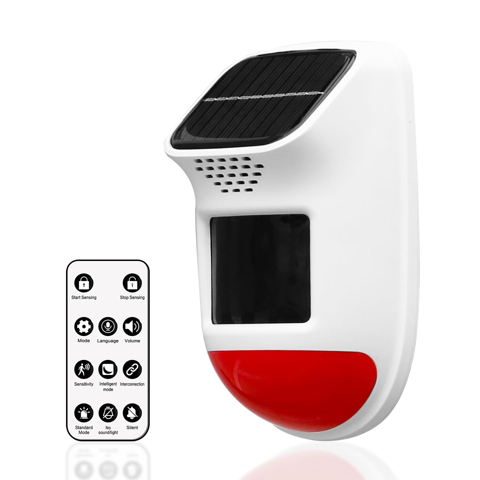 Alarma solar con sensor de movimiento, sirena de seguridad impermeable IP65 de 120 dB con control remoto y luz estroboscópica, 3 modos para patio/granja/hogar, detección apta para mascotas de 5 a 8 m