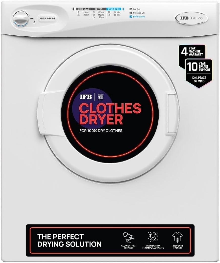 IFB 5.5 Kg Dryer Only, Fully Automatic Front Load, Refresh Cycle, Knob Control, Wall Mountable (Turbo Dry, Anti-Crease, Germ-Free Drying, White)