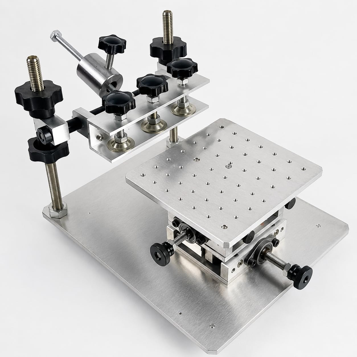 Ręczna drukarka pasty lutowniczej SMT, regulowany stół szablonowy 150 x 150 mm | Precyzyjna regulacja obrotowa 30°, skok 20 mm X/Y i aluminiowa podstawa CNC dla stabilnego drukowania PCB