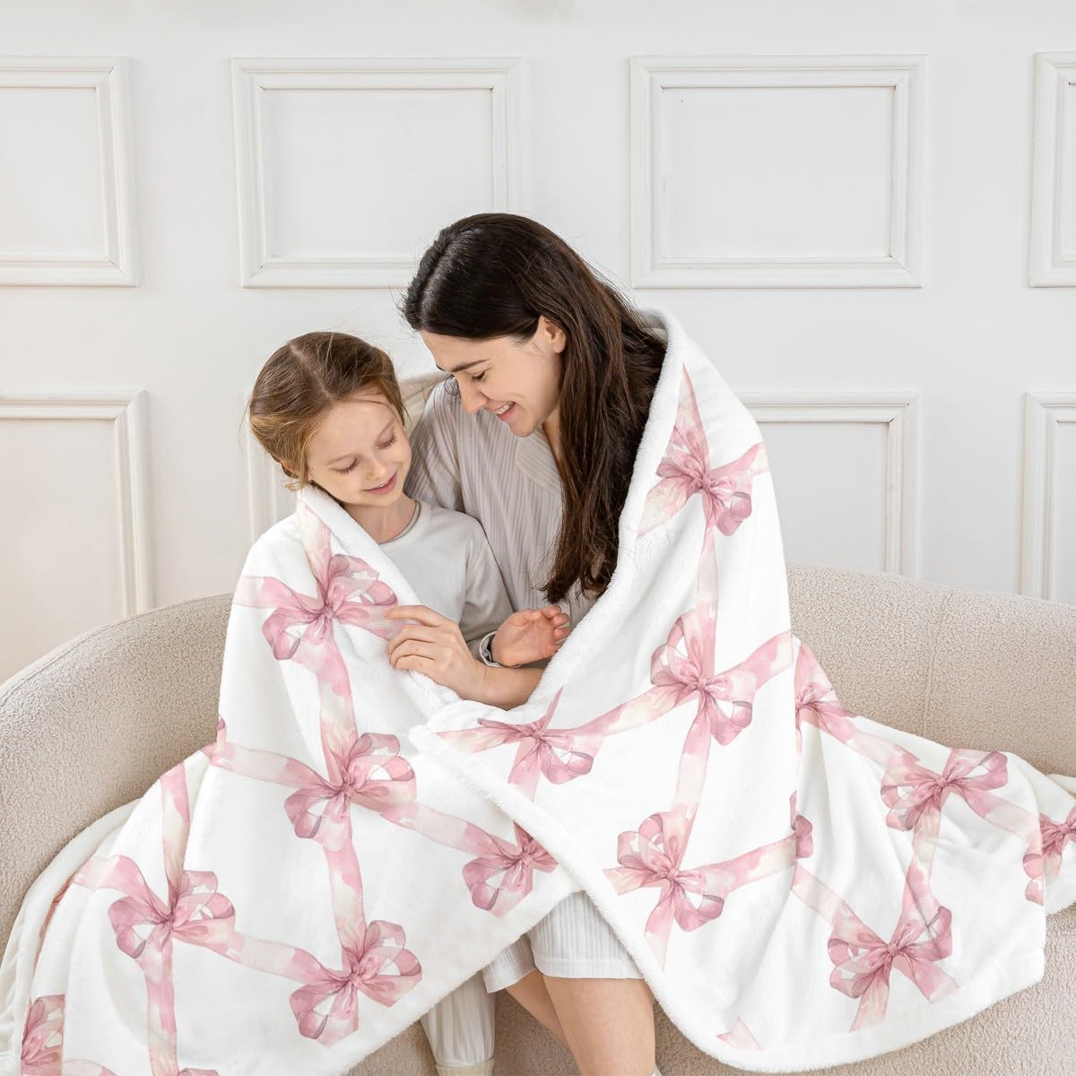 Manfei Pink Bowknot Flannel Blanket Dreamy Princess Style Kids Girls Fleece Throw Blanket for Room Decor,Watercolor Bow Geometric Grids White Bed Blanket for Bed Sofa Couch,Baby 30"x40" - Image 6
