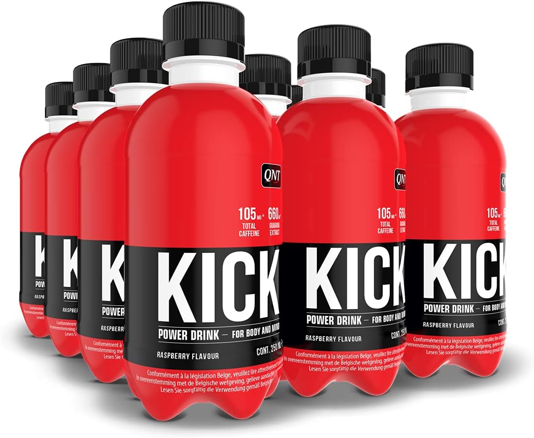 QNT Kick Drink framboos, een energie-drank, pre-workout, 660 mg guarana-extract, 105 mg cafeïne, 12 x 250 ml