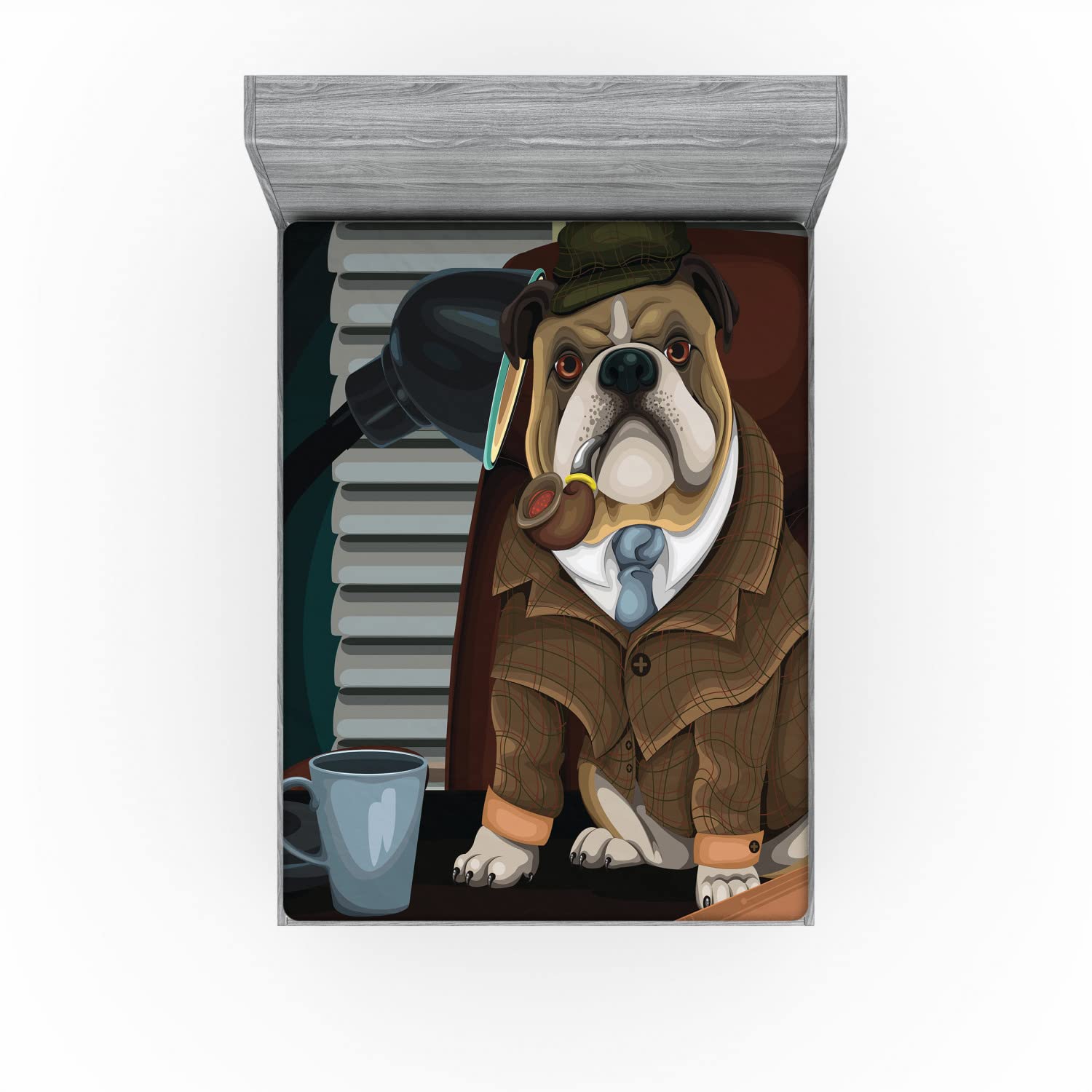 Ambesonne English Bulldog 2 Pack Fitted Sheet, Detective Dog, Bed Cover All-Round Elastic Deep Pockets 2 Pieces, Package Contains 2 California King Fitted Sheets, Pale Brown