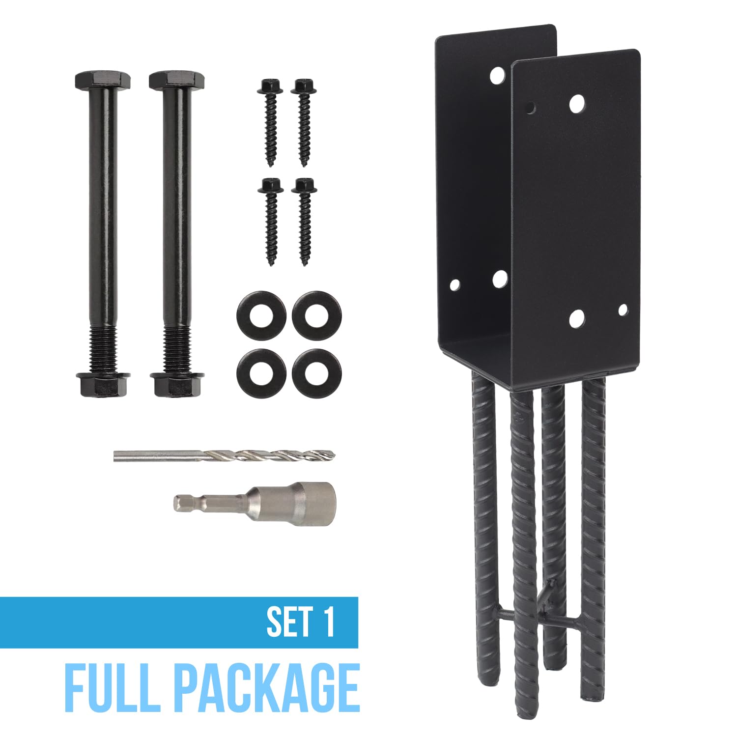 Heavy Duty U-Shape Metal Post Base Holder, 4''x4'' (Internal 3.5"x3.5"), Wet Concrete Foundation Post Holder for for Wood Fence, Railing, Pergola, Porch (Black - Set 1)
