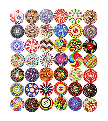 Mandala Crafts Mixed Round Flower Buttons for Sewing â€“ 1 Inch Mandala Painted Wooden Buttons for Crafts â€“ 2 Hole Colorful Boho Vintage Decorative Buttons Embellishments for Clothing 100 PCs