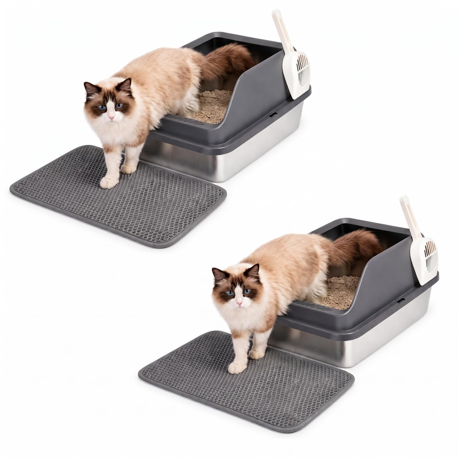 Nobleza 2 x Arenero de Acero Inoxidable para Gatos con Pared Alta， Diseño Anti-Salpicaduras， Kit Completo con Alfombra de Nido de Abeja y Pala， 61 * 40.5 * 31cm， Plata/Gris