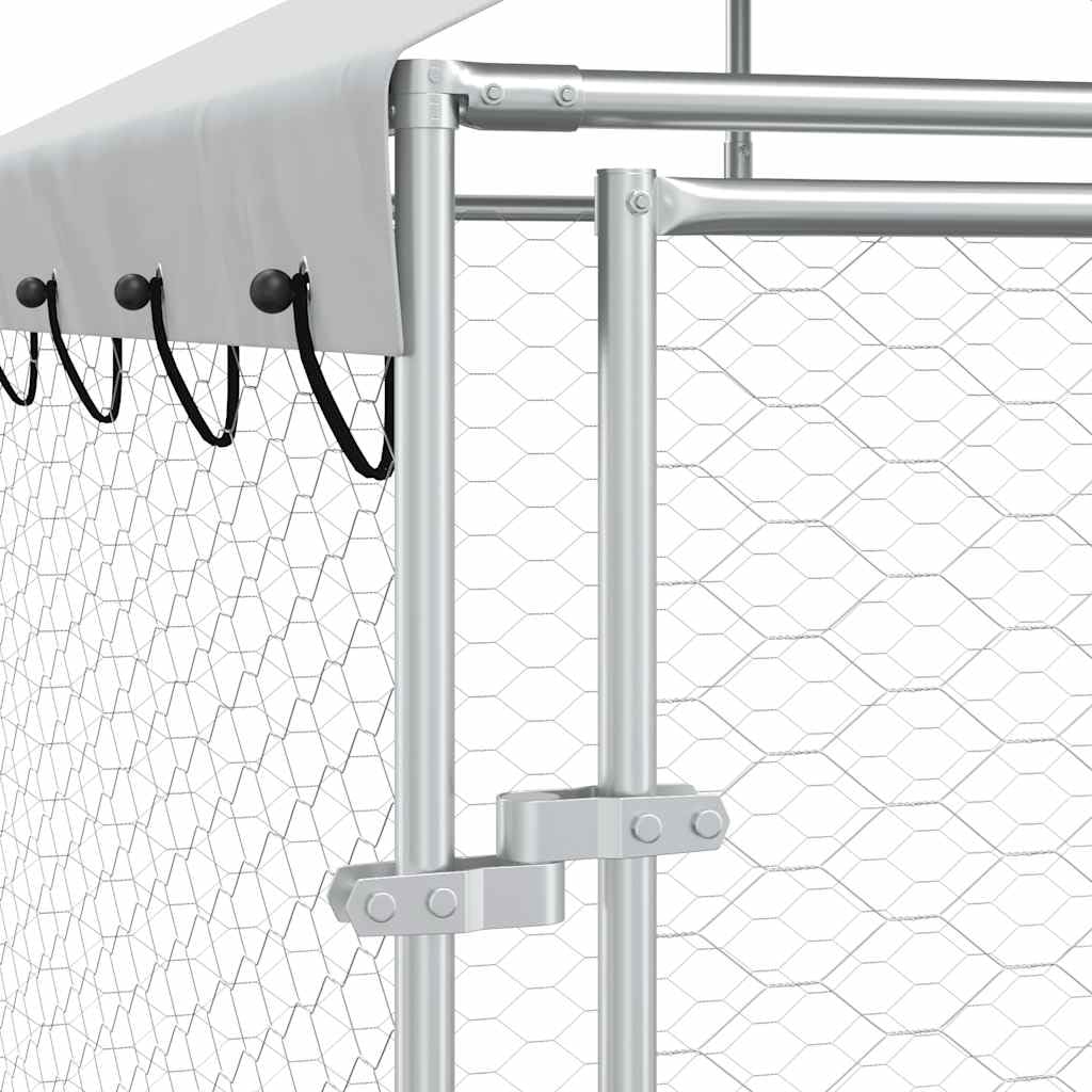 Perrera para perros al aire libre con techo de acero galvanizado plateado, 6 x 6 x 2,5 m, gran caño con puerta, protección de seguridad, recinto para perros, cachorros, entrenamiento, jardín