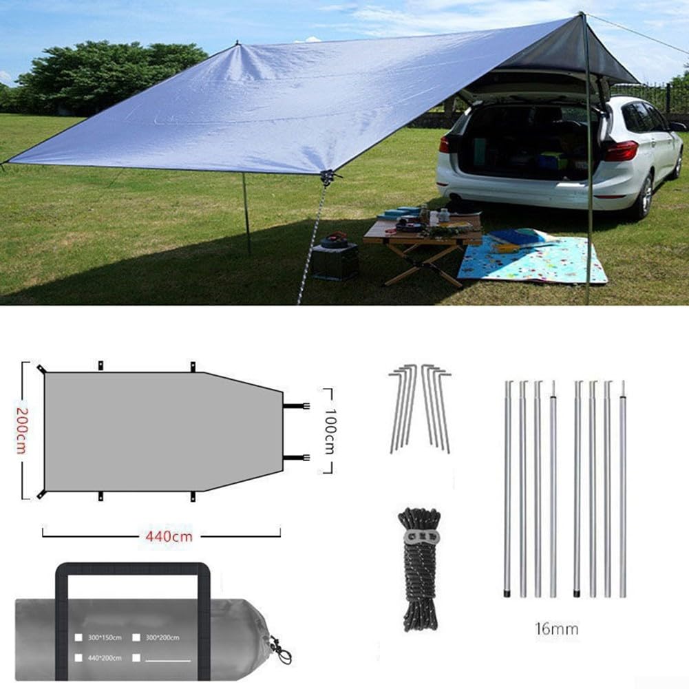 Toldo de lona para coche con postes, parasol impermeable Oxford 210D, para camping, toldo de montaje trasero lateral, para SUV, MPV, coches pequeños, amarillo (300 x 200 cm, gris)