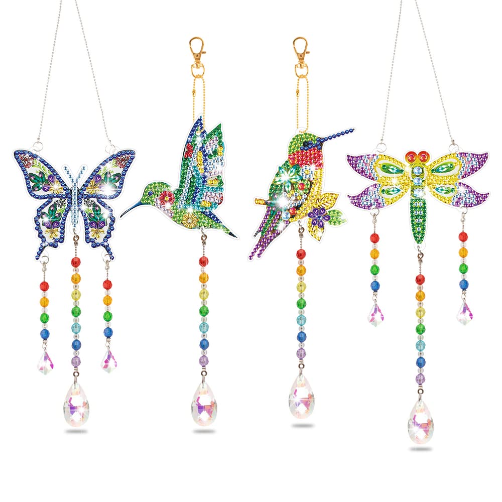 WULILONG4 Pcs 5D DIY Diamond Painting Sun Crystal Light Catching Wind Chimes DIY Hanging Diamond Art Painting Ornaments with Crystal Pendant for Home Garden Decoration Adults Kids Gift (Butterfly)
