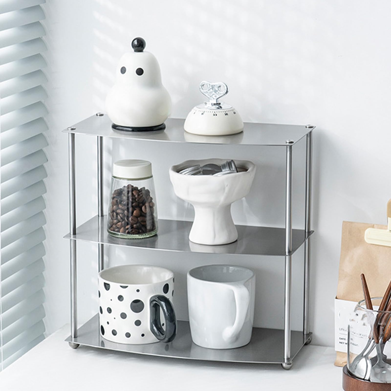 Moderno estante de almacenamiento multicapa de acero inoxidable para cafés y casas particulares, organizador de café fácil de organizar