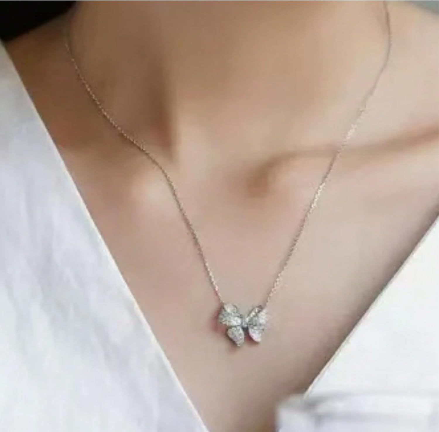 Silver-Tone Bow Pendant Necklace for Women, Sparkling Rhinestone Crystal Bow Charm, 45 cm Chain, Cute Dainty Jewelry Gift - Image 4